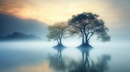 Serene Sunrise: Misty Lake with Two Trees