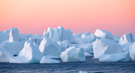 Massive icebergs floating under a pink sky background. Arctic landscape bathed in soft light