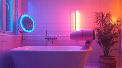 Hair dryer concept. Futuristic Hair Dryer with Glowing Features in a Stylish Bathroom Interior
