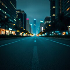 Empty City Road at Night with Illuminated Buildings and Streetlights