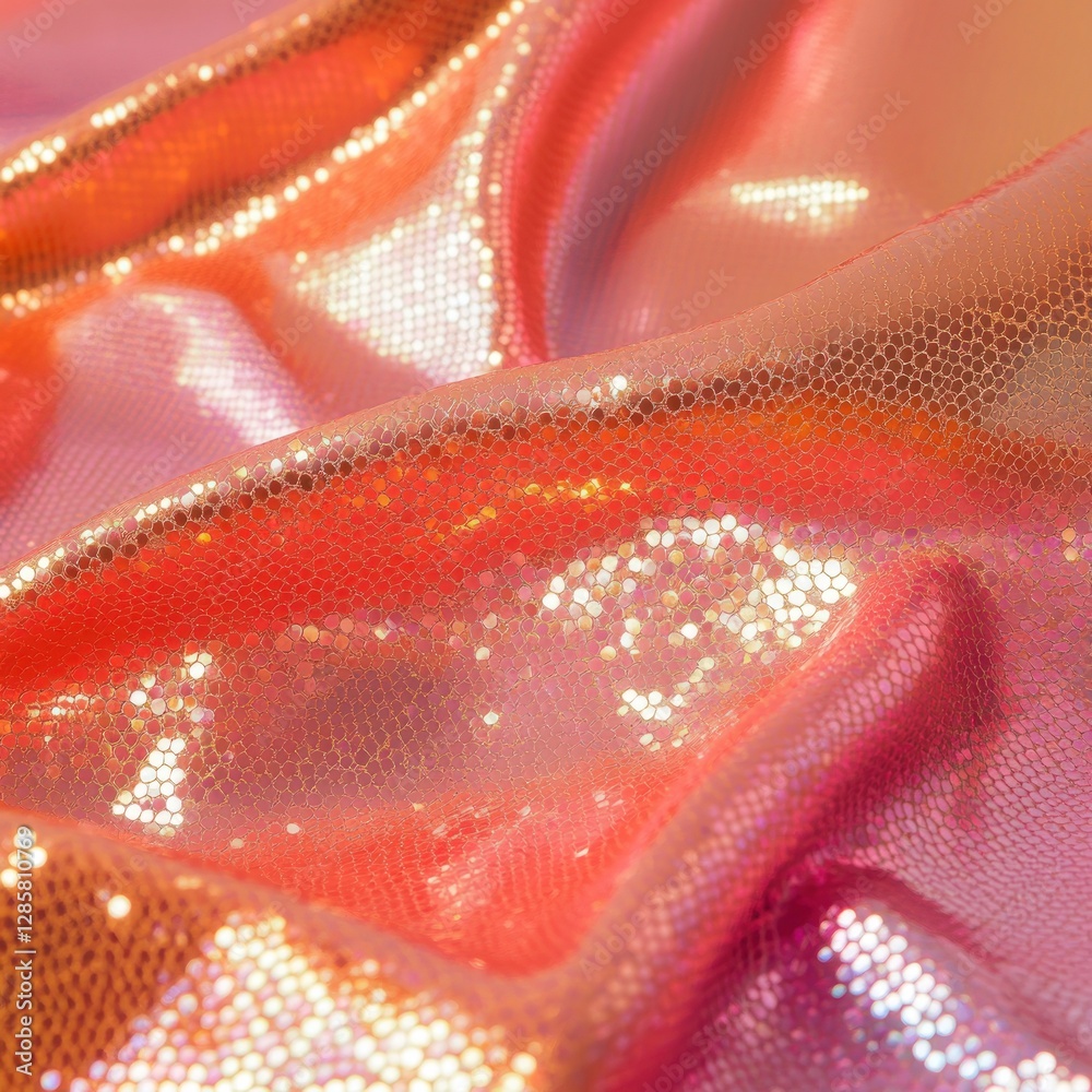 Poster vibrant sequined fabric texture with soft pink and orange hues