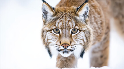 Obraz premium Lynx walking through snow, showcasing its striking features and intense gaze
