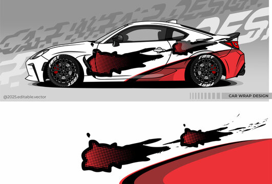 car wrap design with black and red paint splash pattern on a white sports car. This design gives a unique dynamic and aggressive look.