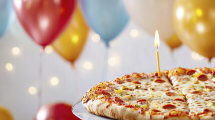 delicious birthday pizza with candle, surrounded by colorful balloons, creates festive atmosphere