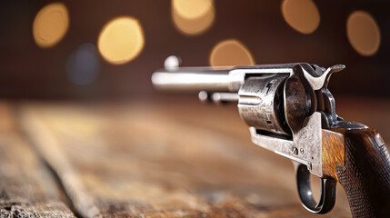 Obraz premium close up of vintage revolver on wooden surface, showcasing its intricate details and craftsmanship. warm bokeh background adds dramatic effect