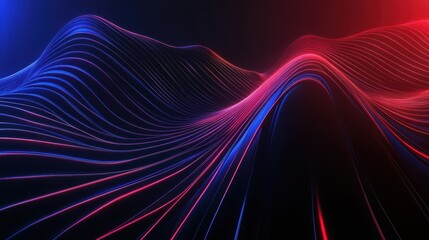 Glowing neon waves with red and blue light trails on black background. Abstract dynamic lines with motion effect. Modern design element for technology 