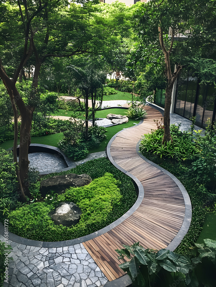 Poster scenic winding garden path with lush greenery and wooden walkway under leafy trees : generative ai