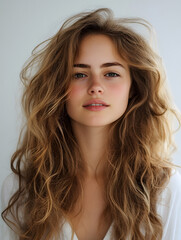 Naklejka premium Portrait of a Young Woman with Long Wavy Hair and Natural Expression : Generative AI