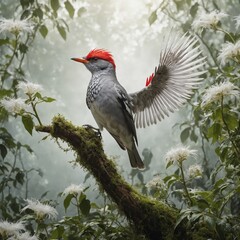 "A fantasy-inspired king bird with shimmering feathers, elegantly spreading its wings in a mystical garden scene, with a white backdrop."