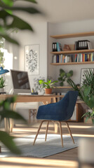 A cozy home office with natural wood furniture, plants on shelves and windowsill
