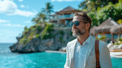 Luxury real estate agent showcasing exclusive beachfront villa to elite clientele on a sunny day