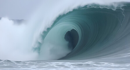 Massive tidal wave crashing background. Towering water wall curling toward land