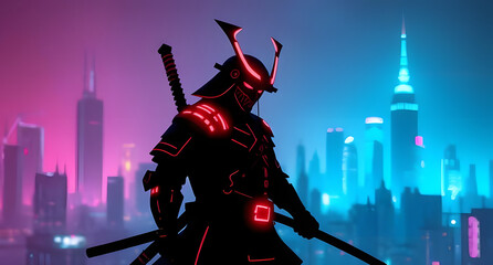 Futuristic cyber samurai silhouette background. Neon-lit warrior against a high-tech skyline