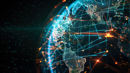 Global network connections highlight digital interaction across continents at night