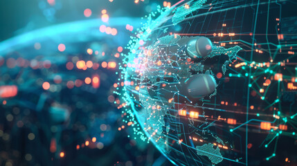 Global network connections highlight digital interaction across continents at night