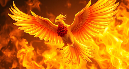 Golden phoenix rising flames background. Bright fiery feathers spreading wide in mid-flight