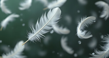 Floating feathers in slow motion background. Soft white plumes suspended midair