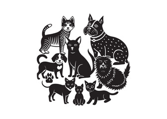  black silhouette on a white background showing various cat poses