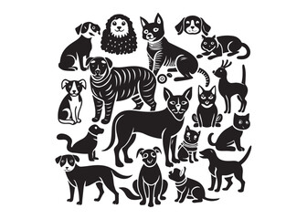  black silhouette on a white background showing various cat poses