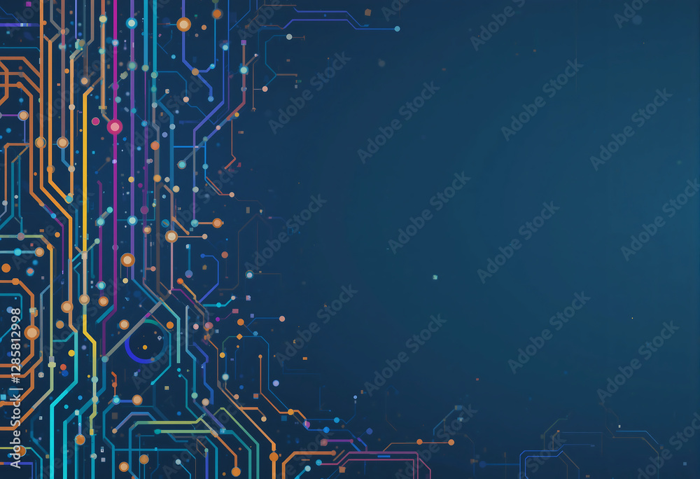 Wall mural pathways and colorful nodes create an abstract representation of a circuit board against a deep blue