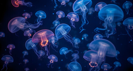 Floating glowing jellyfish swarm in space background. Bioluminescent creatures drifting in zero gravity