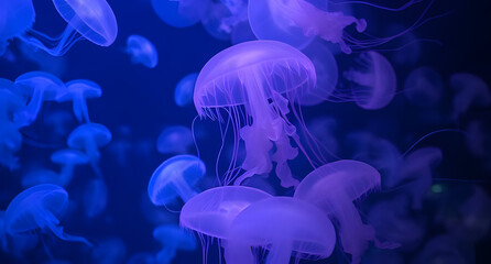 Glowing jellyfish swarm background. Translucent creatures floating in dark water