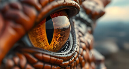 Dragon’s eye close-up background. Deep amber iris with a slit pupil, reflecting a distant battlefield