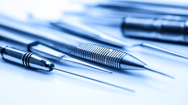 In a clean and modern laboratory space, various polished metal instruments lie carefully arranged, ready for use in scientific investigation