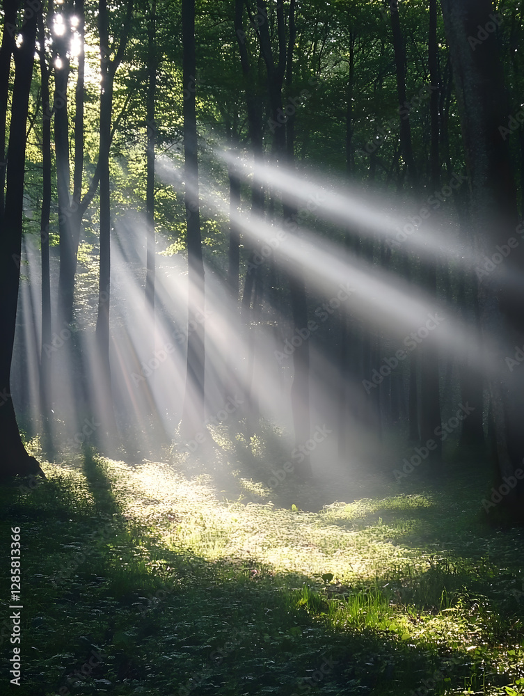 Poster Enchanted forest with sun rays filtering through dense canopy of trees : Generative AI