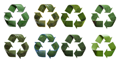 Set of Green Recycling Symbols with Different Textures and Styles, isolated on transparent background