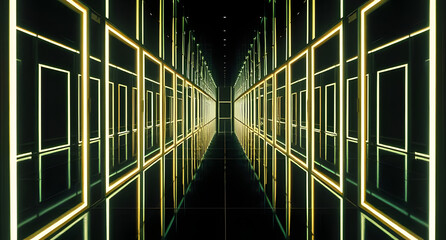 Infinity mirror reflections background. Endless corridor of glowing frames receding into darkness