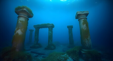 Underwater submerged ruins background. Ancient stone pillars covered in seaweed, deep blue ambiance