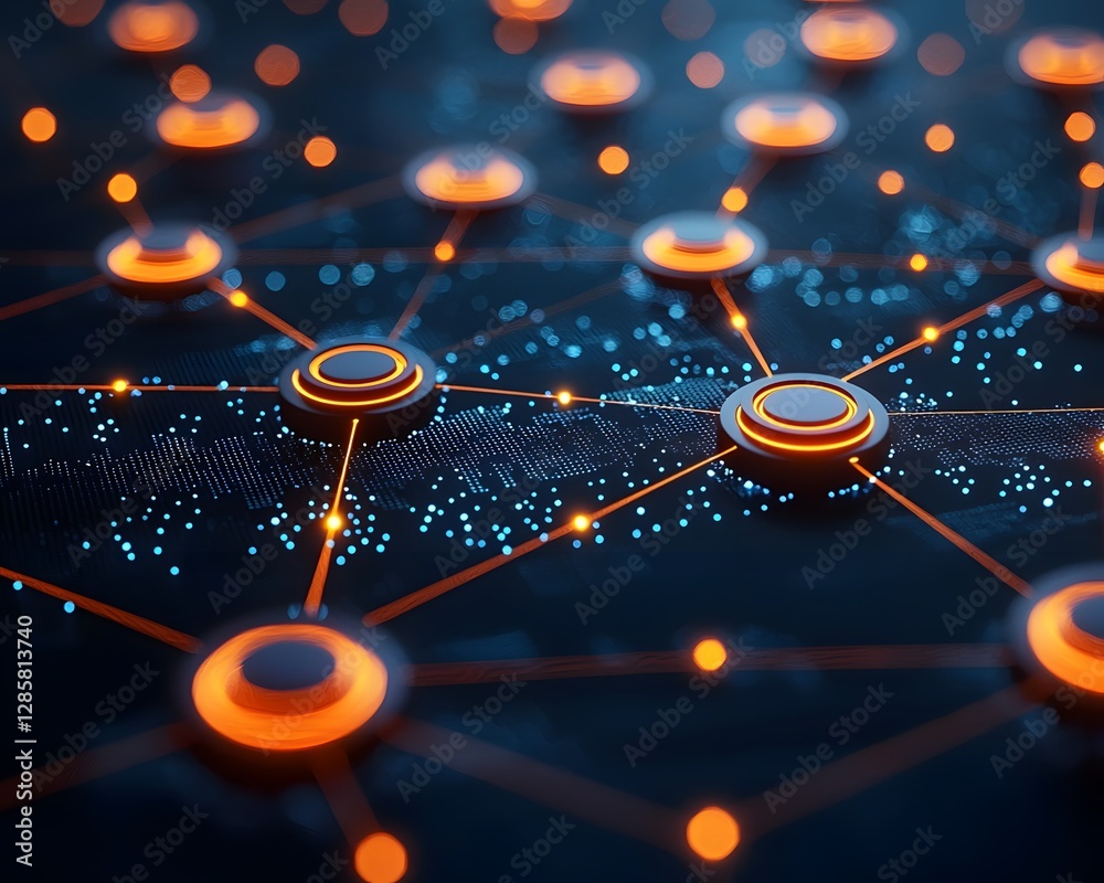 Poster glowing interconnected data nodes symbolizing business information flow in serene white setting