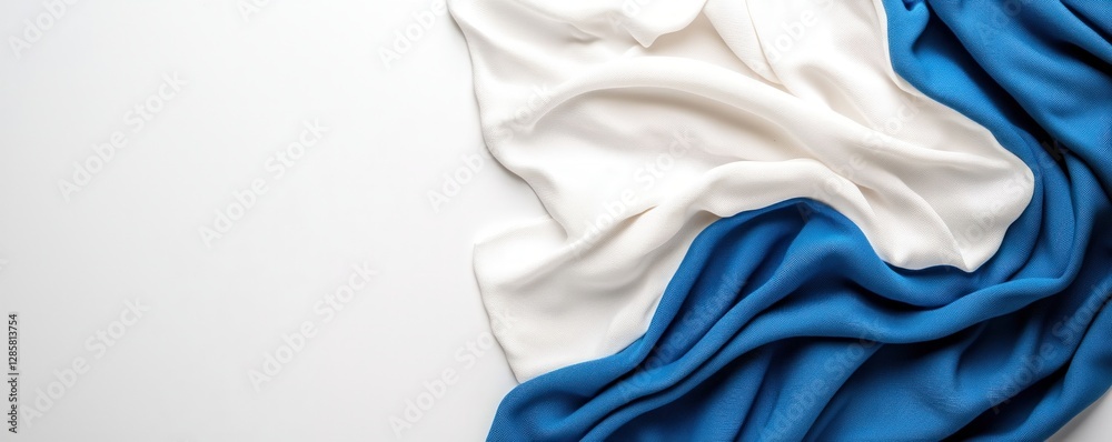 Poster soft draped fabric in blue and white colors on plain background
