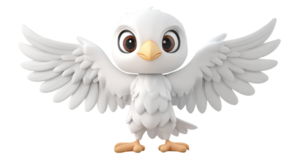 Cute cartoon bird character with outstretched wings and friendly expression standing on a plain background