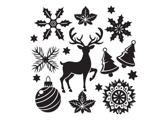 Christmas Holiday Icons, Elements in Monochrome Flat Style Isolated on White Background.