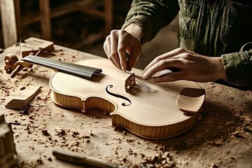 Luthier carefully placing bridge on handmade violin in workshop