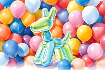 Vibrant balloon animal dog amid colorful party balloons celebration