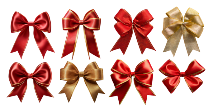 Elegant Collection of Red and Gold Decorative Ribbons and Bows, isolated on transparent background