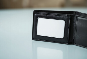 Black wallet lies open on a reflective surface, empty white card slot under bright lighting.