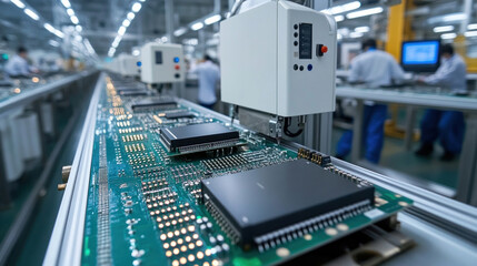 A clean and efficient electronics manufacturing factory with workers assembling circuit boards