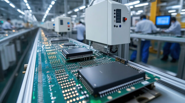 A clean and efficient electronics manufacturing factory with workers assembling circuit boards