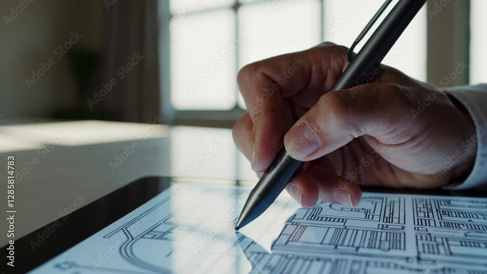 Poster Professional architect drawing architectural blueprint using stylus pen on tablet computer, capturing precise design process with slow motion visualizing innovative digital drafting techniques