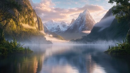Misty Mountain Lake at Sunrise: A Serene Fjord Landscape