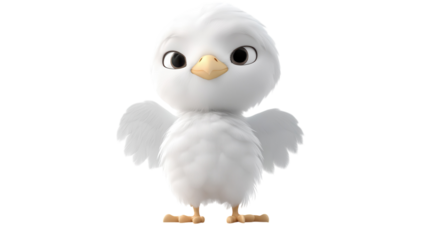Cute animated bird character standing with wings extended in a playful pose indoors