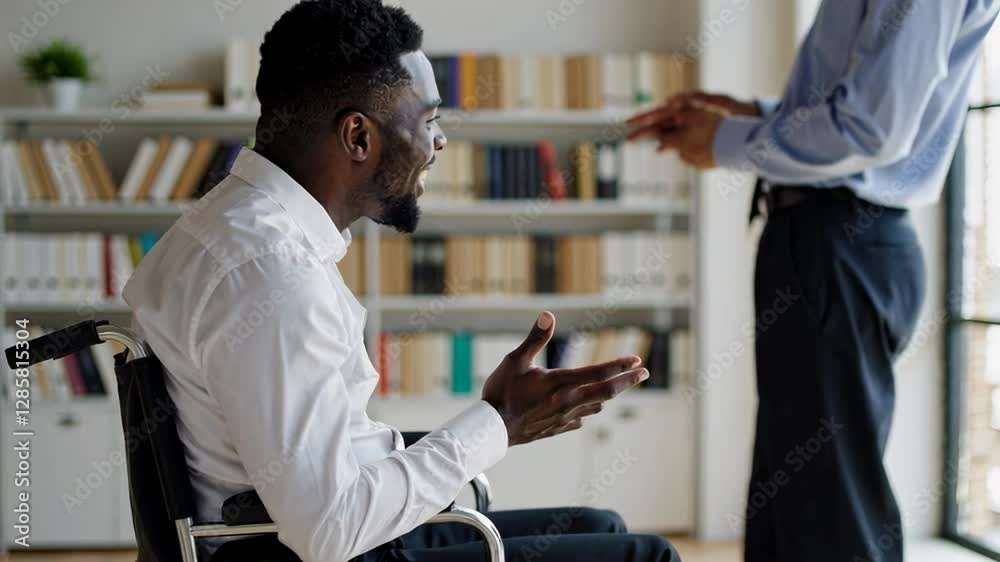 Poster professional black businessman in wheelchair collaborating with manager, sharing dynamic workplace i