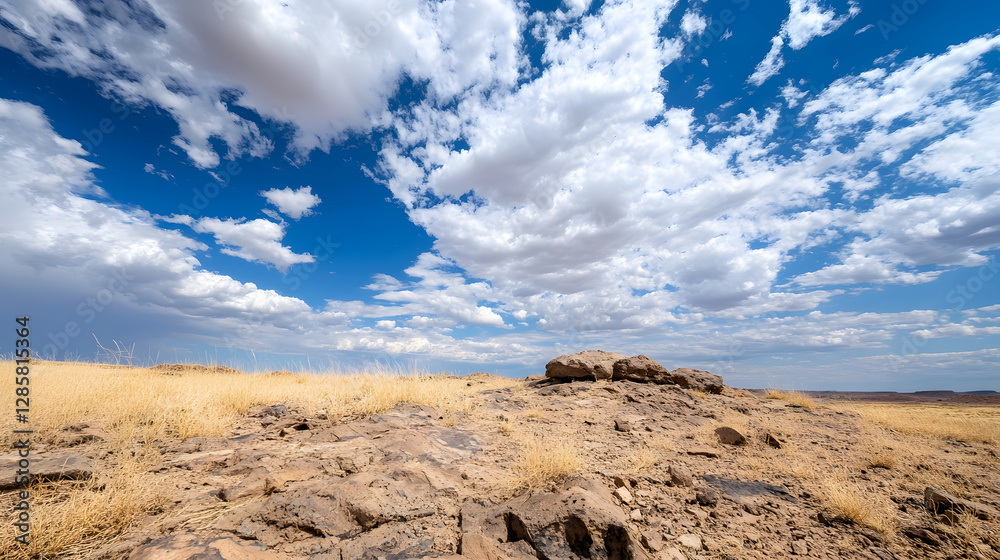 Poster vast arid landscape with dramatic cloudy sky over desert terrain : generative ai