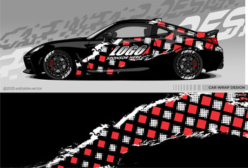 Vector graphic car wrap design with black colour. Dynamic pattern of red and white checks and dots, creating a striking and aggressive look. Suitable Racing, Rally and dialy use.