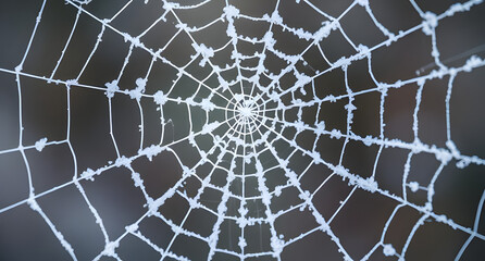 Fototapeta premium Frozen frost-covered spiderweb background. Delicate white ice crystals tracing fine lines