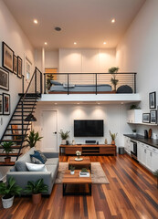 Fototapeta premium A Loft room interior in white color and wooden floor with perspective viewing the entire space.